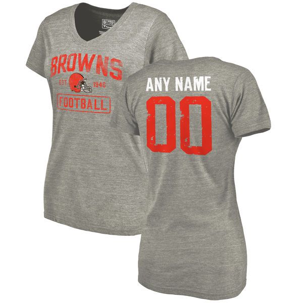 Women Heather Gray Cleveland Browns Distressed Custom Name and Number Tri-Blend V-Neck NFL T-Shirt->nfl t-shirts->Sports Accessory